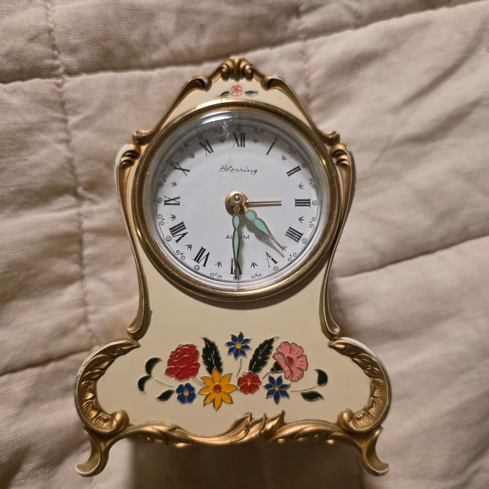 Blessing Wind-up Alarm Clock West Germany Cream Floral Vintage MidCentury Ornate